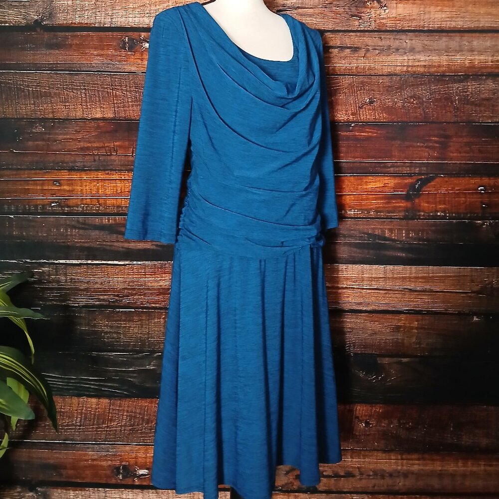 Rabbit Rabbit Rabbit Designs Dress 12 Blue Cowl Neck Ruched 3/4 Sleeve - Picture 3 of 9